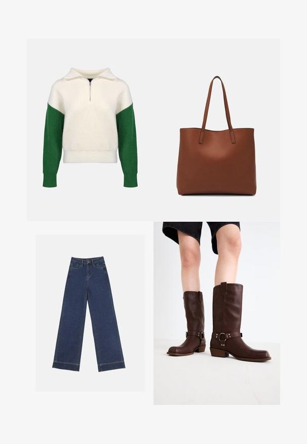 Strickpullover mit einem Viertel-Reißverschluss-Kragen. Cremefarbener Körper mit gerippten grünen Ärmeln. Weiche Textur, lockere Passform, kontrastierende Farbkombinationen.; Weite Jeans in dunkelblauem Denim. Verfügt über fünf Taschen, Gürtelschlaufen und einen rohen Saum am unteren Ende mit sichtbaren Nahtdetails.; Braune kniehohe Stiefel aus Leder mit runder Zehenform, strukturiertem Obermaterial, Knöchelriemen und silbernen Hardware-Details; mit gestapeltem Absatz.; Braune Leder-Tote mit glatter Textur, offenem Oberteil und zwei Schulterriemen. Verfügt über minimale Nähte und keine sichtbaren Beschläge.