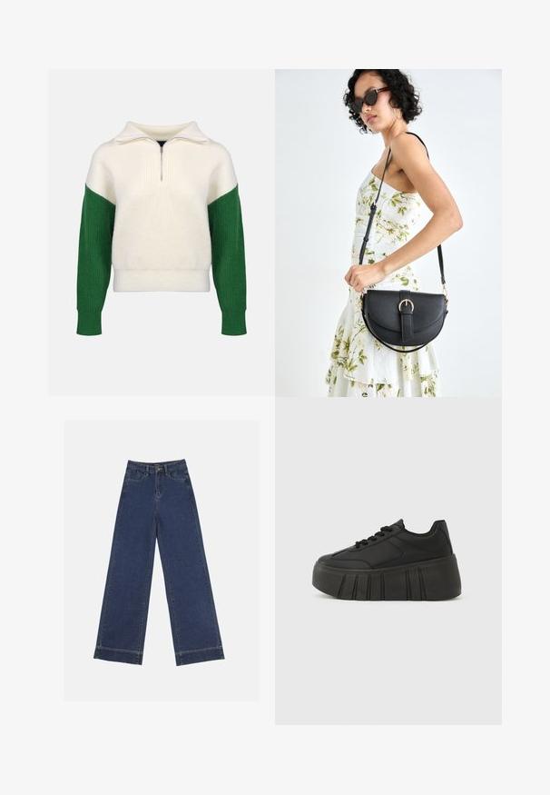 Pull en tricot avec un col zippé quart. Corps crème avec des manches vertes côtelées. Texture douce, coupe décontractée, blocs de couleur contrastants.; Jeans à jambes larges en denim bleu foncé. Comprend cinq poches, des passants de ceinture et un ourlet brut en bas avec des détails de couture visibles.; Baskets à plateforme noires avec une tige synthétique lisse, un bout arrondi, un système de laçage, et une semelle épaisse et striée pour plus de hauteur.; Sac à main en cuir noir avec une forme courbée, bandoulière amovible et des accessoires en or. Le sac est doté d'un rabat avec un détail de boucle.