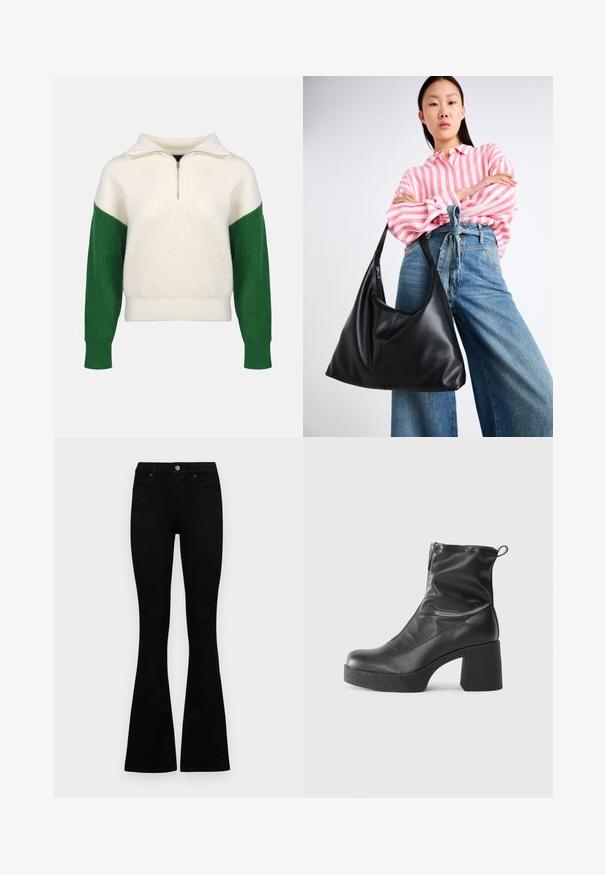 Kootud sviiter neljanda tõmbluku kraega. Kreemivärvi keha ja rohelised soonikkoes varrukad. Pehme tekstuur, mugav lõige, kontrastsed värviplokid.; Mustad kõrge vöökohtadega teksad, millel on nööp ja lukuga sulgemine, esikäe taskud ja laienevad sääred, asetatud tasasele valgele taustale.; Mustad mustad ansapüksid, mis on valmistatud siledast nahast, külje zipperiga, paksu tekstuuriga kontsaga ja ümmarguse nina disainiga.; Must musta õlakott lahtise kuju ja õmbluse detailidega. Mudel kannab roosa ja valge triibulist särki koos laia jalgadega siniste teksadega.