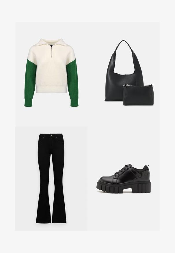 Kootud sviiter neljanda tõmbluku kraega. Kreemivärvi keha ja rohelised soonikkoes varrukad. Pehme tekstuur, mugav lõige, kontrastsed värviplokid.; Mustad kõrge vöökohtadega teksad, millel on nööp ja lukuga sulgemine, esikäe taskud ja laienevad sääred, asetatud tasasele valgele taustale.; Must musta platvormsussid paksu plokkninal, ümmarguse varbaga ja traditsioonilise nööridega kinnitamisega. Sussid on sileda tekstuuriga ja minimaalsete detailidega.; Even&Odd Käekott - black