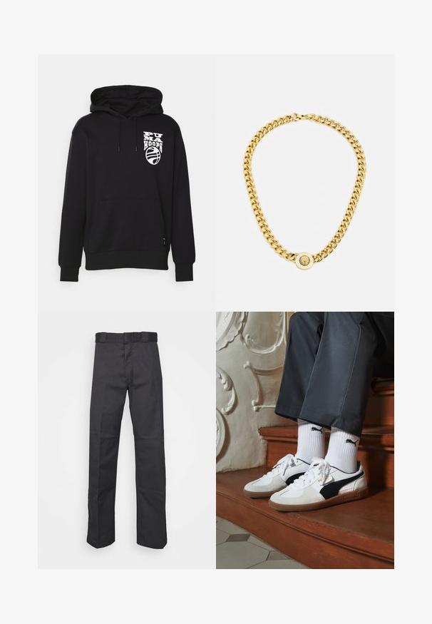 Felpa nera con cappuccio e tasca a marsupio, caratterizzata dal logo bianco "PUMA HOOPS" e da una grafica di basket sul petto. Texture morbida.; Pantaloni neri realizzati in tessuto resistente, con un design a gamba dritta, una cintura con passanti per la cintura e cuciture per una maggiore texture.; Sneakers Puma in suede bianco e nero, con suola in gomma marrone. Abbinati a calzini bianchi con logo nero, indossati con pantaloni scuri.; Collana in oro con grandi anelli intrecciati, caratterizzata da un dettaglio pendente circolare al centro con un emblema in rilievo.