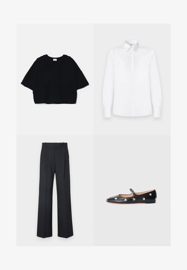 Musta lyhytsiippinen neulepaita, joka on valmistettu pehmeästä kankaasta, ja jossa on pyöreä kaula-aukko ja lyhyet, leveät hihat. Yksinkertainen, minimalistinen muotoilu.; Valkoinen pitkähihaisessa paidassa on sileä kangas, kauluspäällinen ja nappilista, jossa on vaaleanpunaiset napit.; Tummansiniset raidalliset housut, joissa on korkea vyötärö, leveät lahkeet ja ei näkyviä metalliosia tai koristeita. Sileä pinta ja räätälöity istuvuus.; Musta nahkainen Mary Jane -tyylinen tasapohjakenkä, jossa on pyöreä varvas. Kenkässä on hopeisia pyöreitä niittejä ja säätöremmi, jossa on solki.