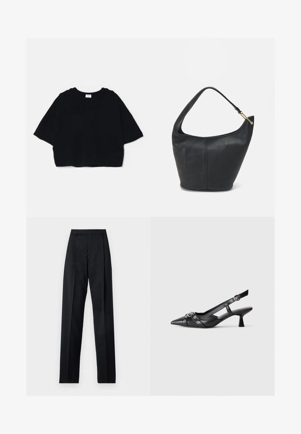 Melnā īsā džemperis, kas izgatavots no mīksta auduma, ar apaļu kakla izgriežņu un īsām, platām piedurknēm, ar vienkāršu, minimālistisku dizainu.; Melnas bikses, izgatavotas no gludas auduma, ar augstu vidukli, platiem bikšu galdniekiem, priekšējiem krokām un klasiskām jostu cilpām. Sānu kabatas nav redzamas.; Melnas ādas šlipsveida kurpes ar norādītu purngalu, dekoratīvām joslām ar metāla acīm un zemu bloku papēdi. Teksturēta virsma.; Melnas ādas rokassomi ar noapaļotu formu, platu siksnu un strukturētu apdari. Iezīmējas ar nelielām šuvju detaļām un zelta tonī izstrādātu aparatūru.