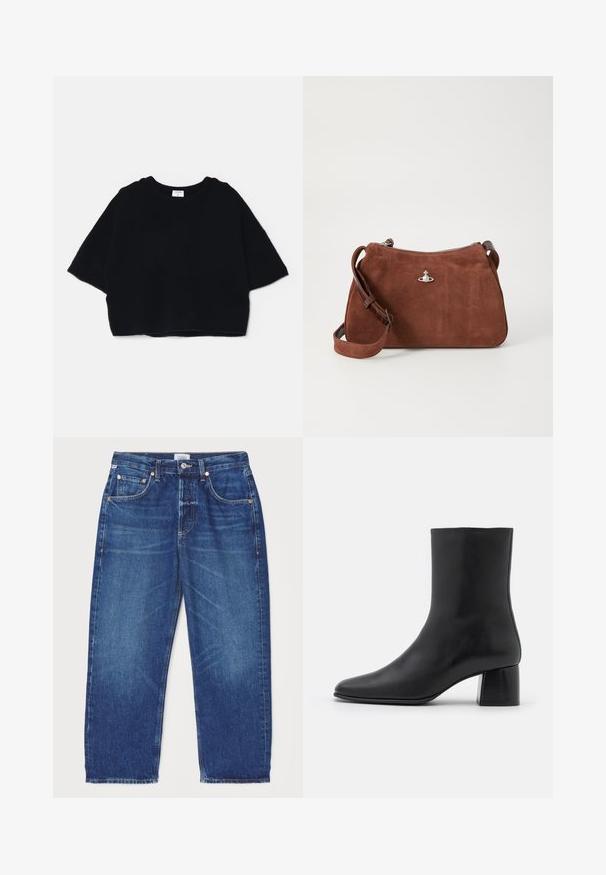 Zwarte cropped trui gemaakt van zachte stof, met een ronde hals en korte, brede mouwen, met een eenvoudig, minimalistisch ontwerp.; Citizens of Humanity DAHLIA IN CLAREMONT - Relaxed fit jeans - dark-blue denim; Zwarte leren enkelboot met een spitse neus en een chunky vierkante hak. Glad oppervlak met een naadloos ontwerp en minimalistische stiksels.; Bruine suède handtas met een ritssluiting, verstelbare schouderriem en zilverkleurige hardwareaccenten, met een subtiele textuur.