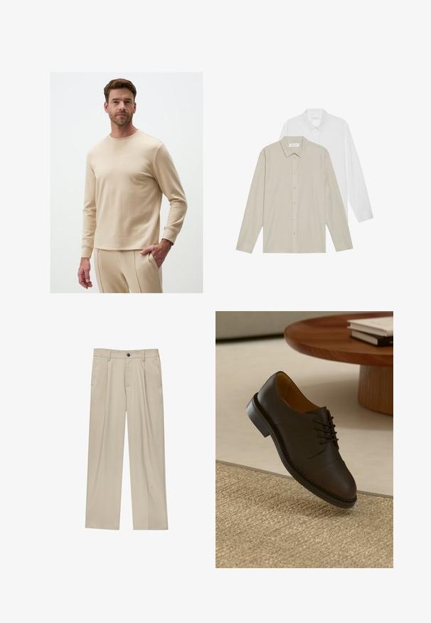Beige Langarmshirt aus weichem Stoff mit Rundhalsausschnitt, ausgestattet mit gerippten Bündchen und einem lockeren Schnitt, kombiniert mit passenden beigen Hosen.; Zwei Langarmhemden: eines aus weißem Stoff, das andere aus beigem Stoff mit dünnen vertikalen Streifen. Beide haben umlegbare Kragen und Manschetten.; Beige Hosen mit geradem Schnitt, ausgestattet mit einem einzelnen schwarzen Knopf, Gürtelschlaufen und Seitentaschen. Glatte Stofftextur und minimalistisches Design.; Braune Lederdressschuhe mit strukturierter Oberfläche, Schnürdesign, kontrastierenden Nähten und einer strapazierfähigen Gummisohle, die über einem gewebten Teppich schwebt.