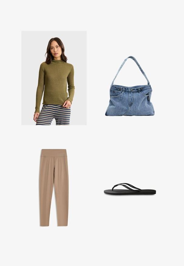Olivenfarbener gerippter Pullover mit Stehkragen, langen Ärmeln und tailliertem Schnitt. Auffällige Textur mit vertikalen Streifen und subtiler Glanz.; Beige Leggings mit hohem Bund, aus glattem, dehnbarem Stoff gefertigt. Verfügt über eine schmale Passform und keine sichtbaren Beschläge oder Muster.; Schwarze Flip-Flops mit einer strukturierten Gummisohle, zwei schlanken Riemen und einem dezenten, geprägten Logo-Detail auf dem Riemen.; Denim Schultertasche mit einem gebogenen Tragegurt, zwei Vordertaschen und einem geknöpften Oberteil, ausgestattet mit hellblauem Stoff und kontrastierenden Steppnähten.