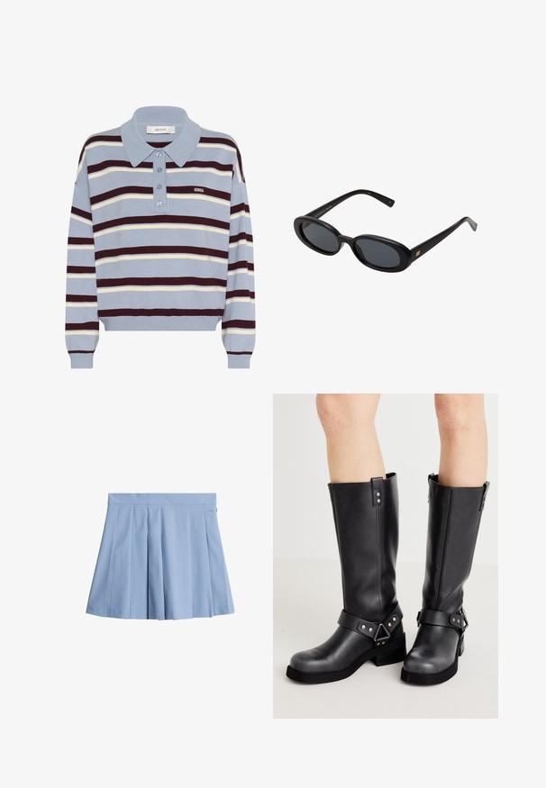 Pullover med blå botten, prydd med horisontella ränder i vinröd och krämfärgad. Inkluderar en polo-krage och tre knappar vid halsringningen.; Ljusblå plisserad kjol med en åtsittande midjeband. Tillverkad av ett slätt tyg, har den en ren design utan synliga mönster.; Svarta läderknähöga stövlar med bred skaft, remdetaljer, silverdetaljer och en platt sula. Slät textur med en lätt glans.; Svarta överdimensionerade solglasögon med ovala linser, slät plastbåge och guldaccent på bågarna. Mörka linser ger solskydd.