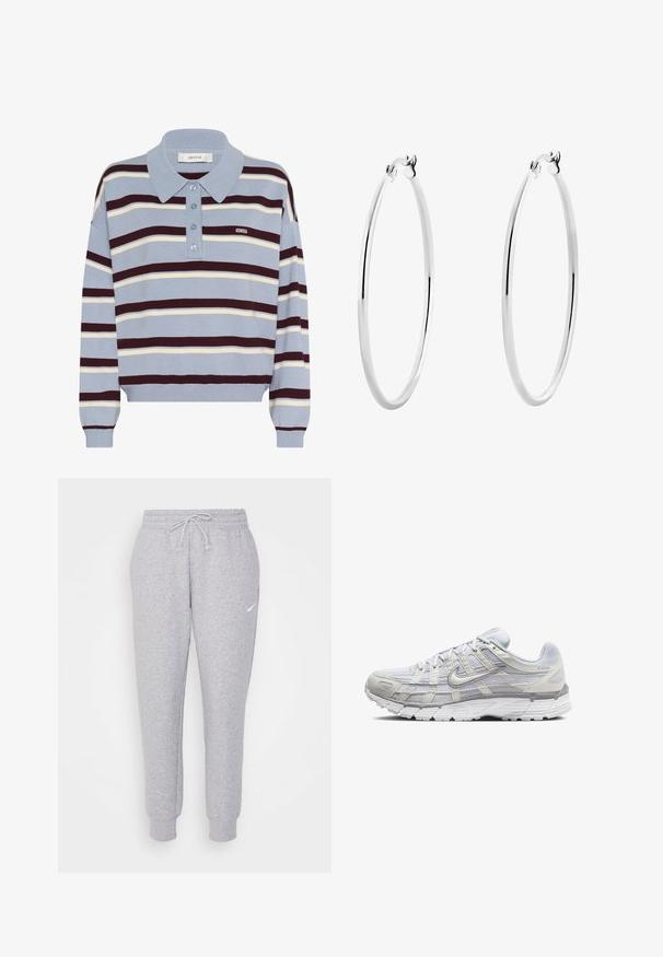 Genser med blå bunn, med horisontale striper i burgunder og krem. Har krage og tre knapper i halsåpningen.; Lysegrå collegebukser med snor i livet, smalnede ben og en liten hvit logo på venstre lår. Laget av et mykt, teksturert stoff.; Lys grå sportsko med overdel i mesh og syntetisk materiale, med snøring, polstret krave og strukturert såle for grep.; Sølv ringøredobber med en glatt, polert overflate og en tynn, sirkulær form. Designet har en sikker clasp.