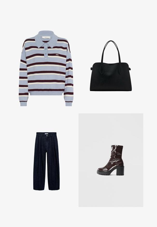 Pulover z modro podlago, opremljen s horizontalnimi črtami v burgundski in kremni barvi. Vključuje ovratnik polo in tri gumbe na izrezu.; Temne traper hlače širokega kroja z naborki na pasu, z sprednjim gumbom in zankami za pas. Gladka tekstura in dolga zasnova.; Sijajan škrlatank z bleščečim videzom, z masivnim črnim peto, ki se ponaša z gladko teksturo in preprostim dizajnom. Brez vidnih zapenjal ali vzorcev.; Črna usnjena torbica z dvema naramnima trakoma, pravokotne oblike in minimalističnim dizajnom na beli podlagi.
