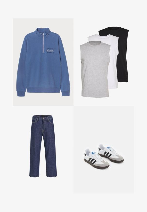 Sudadera azul con alto cuello y media cremallera. Detalle del logo bordado en el lado izquierdo del pecho y puños y dobladillo acanalados. Fabricada en una suave mezcla de algodón.; Tres camisetas sin mangas en gris, blanco y negro. Material de algodón suave con cuello redondo y corte relajado. Diseño simple, sin patrones.; Vaqueros de mezclilla azul oscuro con corte recto, diseño de cinco bolsillos, cierre de botón metálico y costuras en contraste, que presentan una sutil textura.; Zapatillas deportivas con parte superior de piel blanca, puntera de ante gris y tres rayas negras. Presentan un logo azul en la lengüeta y una suela de goma texturizada.