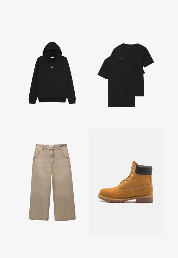 Zwarte hoodie van zachte stof, met een trekkoordcapuchon, een voorkangoeroezak en een kleine "II" grafische afbeelding op de borst.; Twee zwarte katoenen t-shirts met korte mouwen, ronde halslijnen en een gladde textuur, gepresenteerd op elkaar gestapeld.; PULL&BEAR MEGA BAGGY - Baggy jeans - light grey; Tan suède enkelboot met zwart gevoerd kraagje, gouden metalen oogjes, witte stikdetails en een robuuste rubberen zool met uitgesproken profiel.