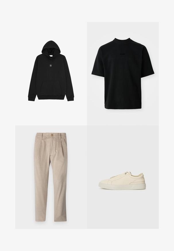 Schwarzer Hoodie aus weichem Stoff, mit einer Kapuze mit Kordelzug, einer vorderen Kängurutasche und einem kleinen "II"-Grafikdesign auf der Brust.; Schwarzes, kurzärmliges T-Shirt aus Baumwolle mit hohem Hals, das eine glatte Textur und ein dezentes Logo in der Mitte aufweist.; Beige Cordhosen mit einem elastischen Bund, Knopfverschluss und Faltendetails, ausgestattet mit einem geraden Beinschnitt und strukturiertem Stoff.; Beige Leder Sneaker mit runder Zehenpartie, minimalistischem Design, subtilen Nähten und strukturiertem Obermaterial auf einer hellen Sohle.