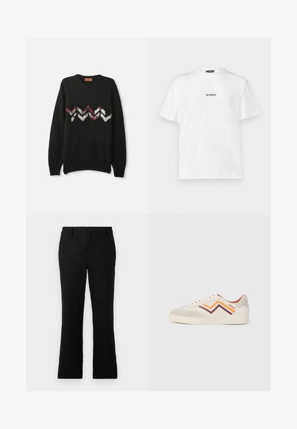 Svart tröja med långa ärmar, rund hals, med ett zickzackmönster i röd, vit och beige över bröstet, tillverkad av mjukt material.; Vit kortärmad t-shirt i bomull, med en liten svart textlogo centrerad på bröstet. Klassisk rund halsdesign.; Svarta utsvängda byxor i bomullsblandning, med knappstängning, bälteshällor och en mjuk textur utan synliga mönster.; Suedeskor i ljusgrått med zigzag-ränder i orange, vinröd och krämfärgad. Gummisula, rund tå och snörning med hål. Logotyp på sidan.