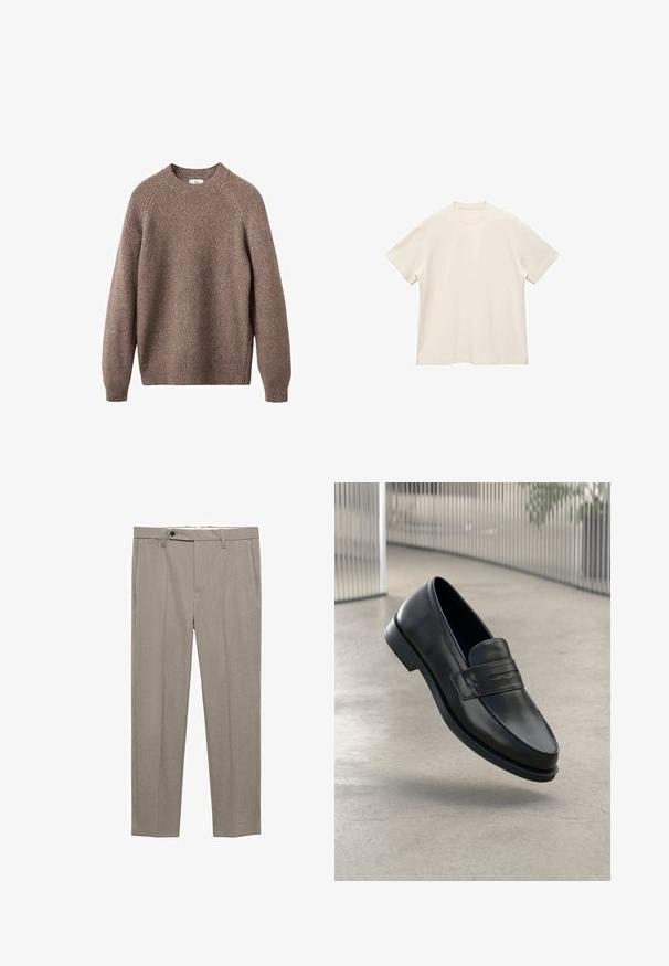 Hnědý pletený svetr s kulatým výstřihem, žebrovanými manžetami a lemem. Obsahuje texturovaný vzor a bezšvové raglánové rukávy.; Tričko s krátkým rukávem a kulatým výstřihem z měkké off-white látky, s hladkou texturou a bočními rozparky pro uvolněný střih.; Béžové kalhoty na míru s hladkou texturou, rovného střihu a jedním zapínáním na knoflík vepředu. Obsahují boční kapsy a čistý lem.; Černá kožená mokasína s hladkou texturou, špičatou špičkou a ozdobným páskem přes nárt. Lehká podrážka, minimalistický design.