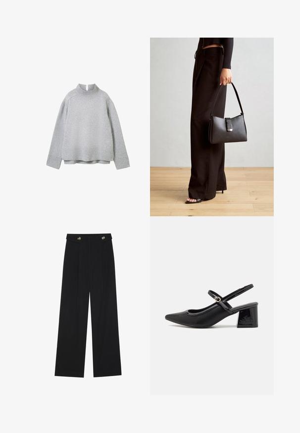 Šviesiai pilkas megztinis su aukštu apykakle, raukšlėtomis rankovėmis ir apačia. Minkšta tekstūra, laisvas siluetas ir subtilus mezgimo raštas visame megztinyje.; Juodi plačios kojos kelnės su aukštu liemeniu, sagų detalėmis ant liemens ir priekinėmis raukšlėmis.; Juodi patentinio odos slingback aukštakulniai su smailiu pirštu, apvaliu išpjovimu ir blokiniu kulnu. Papuošti auksiniu juostos akcentu.; Juodas rankinė struktūrizuota forma, lygi tekstūra ir metalinis užsegimas. Suporuota su plačiomis juodomis kelnėmis ir atvirais bateliais ant medinių grindų.