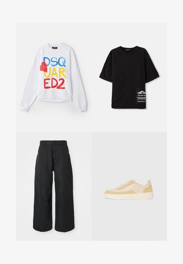 Sweatshirt blanc avec le texte multicolore "DSQUARED2" et un accent en forme de cœur rouge. Tissu doux, coupe décontractée, poignets et ourlet côtelés.; T-shirt noir surdimensionné en coton, avec des manches courtes, un col rond et une étiquette avec du texte blanc sur une poche latérale.; Pantalons larges noirs en toile avec fermeture à bouton, dotés de deux poches avant et d'une coupe décontractée.; Baskets en suède et cuir jaune clair, avec une semelle rembourrée et des accents cousus. Design classique à lacets avec un bout arrondi.