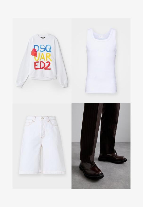 Biele mikina so zvýrazneným viacfarebným písmom "DSQUARED2" a červeným srdiečkom. Mäkkučký materiál, uvoľnený strih, rebrované manžety a spodný okraj.; Biela bavlnená tielko bez rukávov s okrúhlym výstrihom, s hladkou textúrou a priliehavým strihom, navrhnuté pre neformálne nosenie.; Biele denimové šortky so strihaním v rovnom strihu, piatimi vreckami a kontrastným tanou šitím. Zahrňuje predné zapínanie na gombík a zips.; Hnedé kožené šnurovacie topánky s lesklým povrchom, čierna gumová podrážka a jemné švy. Nosené s hnedými prúžkovanými nohavicami.