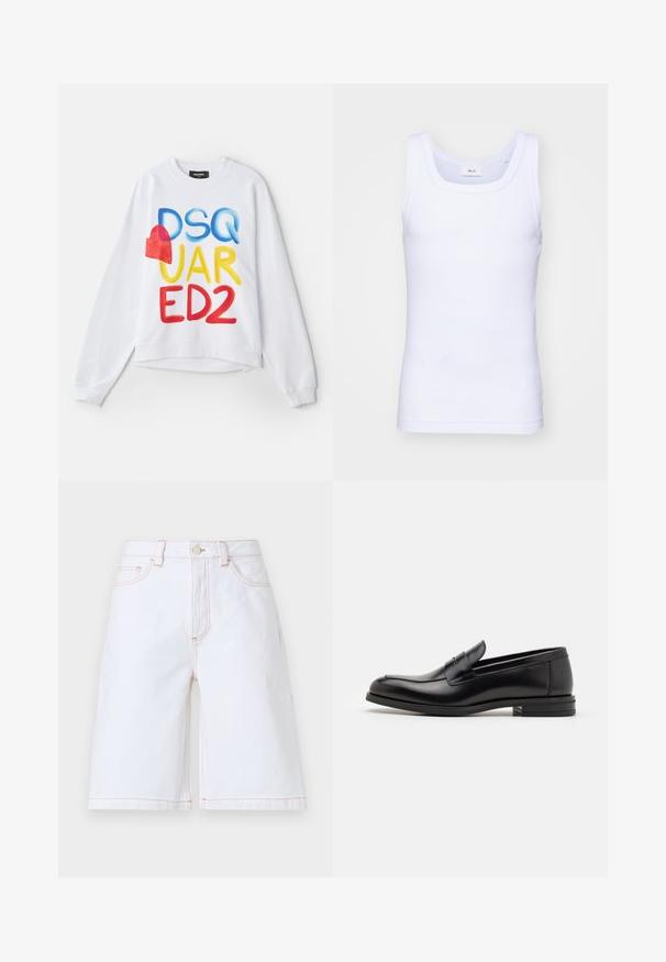 Sweatshirt blanc avec le texte multicolore "DSQUARED2" et un accent en forme de cœur rouge. Tissu doux, coupe décontractée, poignets et ourlet côtelés.; Débardeur sans manches en coton blanc avec un col rond, présentant une texture lisse et une coupe ajustée, conçu pour un usage décontracté.; Shorts en denim blanc avec une coupe droite, cinq poches et des coutures contrastantes couleur tan. Comprend une fermeture avec bouton et zip à l'avant.; Mocassins en cuir noir avec une texture lisse, bout rond et une sangle décorative sur le dessus. Talon bas empilé, design minimaliste.