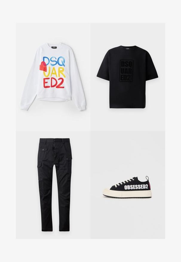 Sweatshirt blanc avec le texte multicolore "DSQUARED2" et un accent en forme de cœur rouge. Tissu doux, coupe décontractée, poignets et ourlet côtelés.; Dsquared2 LOOSE FIT CREW NECK - T-shirt imprimé - black; Pantalons cargo noirs en tissu résistant, avec plusieurs poches, une fermeture à bouton et un design à jambes droites. Texture lisse et finition mate.; Baskets en toile noires avec le texte blanc "OBSESSED2", semelle en caoutchouc crème, lacets plats et boucle de tirage arrière. Vue de côté affichée.
