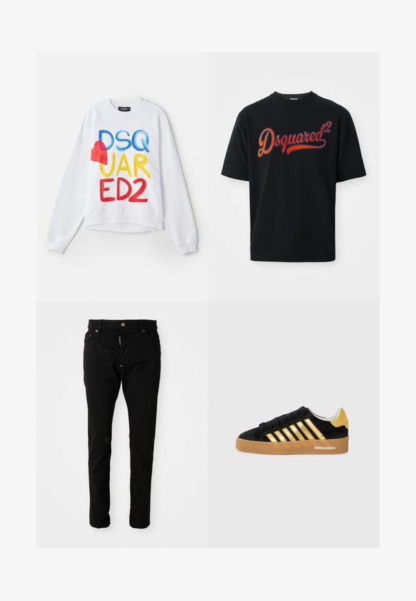 Valge dressipluus, millel on mitmevärviline tekst "DSQUARED2" punase südame aktsendiga. Pehme kangas, lõdva lõikega, soonikkoes varrukad ja hem.; Must have lühikeste varrukatega must T-särk, millel on rindkeres suur punane ja sinine "Dsquared²" logo.; Mustad denimi püksid sirge lõikega, millel on ees- ja tagataskud, nupuga kinnitamine ning minimalistlik disain.; Mustad sametist sneaker, millel on kuldsed metalliktriibud, tekstureeritud kummist tallad ja mustad paelad. Kanna peal on logo ning sujuv keel.