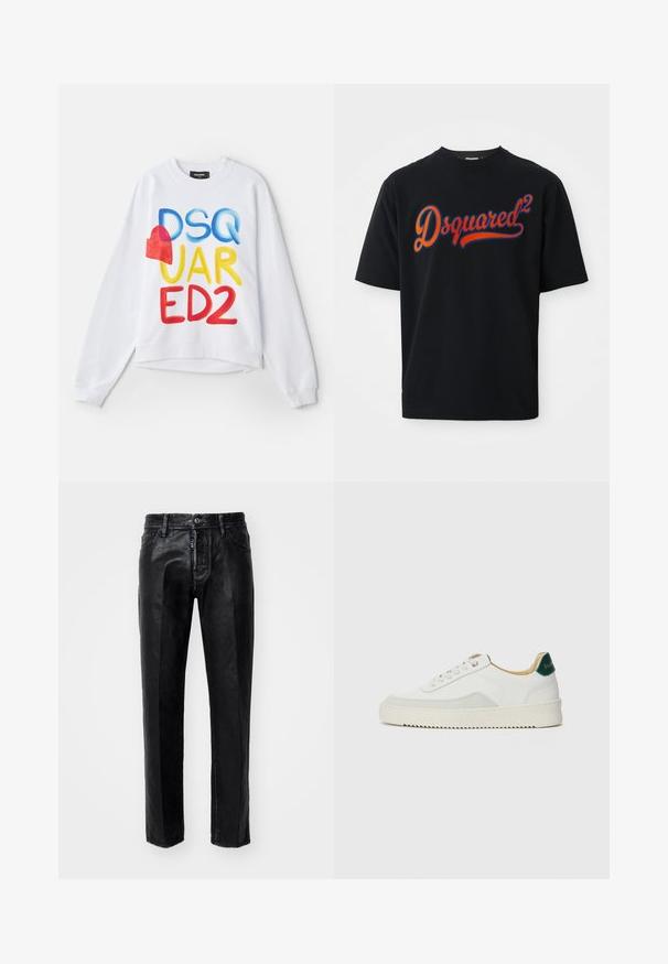 Bílá mikina s multibarevným textem "DSQUARED2" a akcentem červeného srdce. Měkká tkanina, volný střih, žebrované manžety a lem.; Černé tričko s krátkým rukávem s velkým červeným a modrým logem "Dsquared²" tištěným na hrudi.; Černé džínové kalhoty s rovnými nohavicemi, se zapínáním na knoflík, předními kapsami a jemnou texturou. Žádné viditelné vzory nebo akcenty.; Bílé tenisky se semišovými prvky, kulatou špičkou, plochými tkaničkami a krémovou gumovou podrážkou. Na patě mají zelené logo.