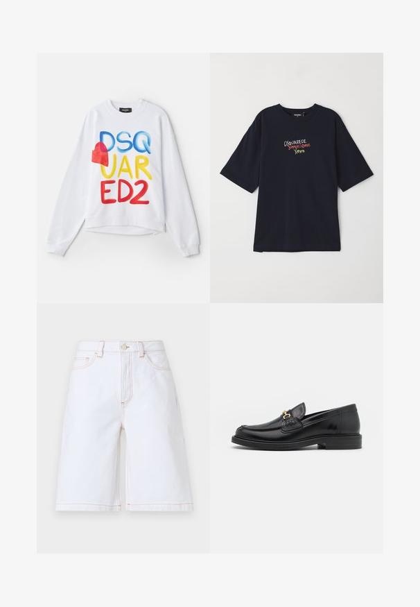 White sweatshirt featuring multicolored text "DSQUARED2" with a red heart accent. Soft fabric, relaxed fit, ribbed cuffs, and hem.; Navy blue cotton T-shirt with short sleeves. Features colorful embroidered text: "DSQUARED2 SUMMER LOVERS XOXO" in red, green, and white.; White denim shorts featuring a straight cut, five pockets, and contrasting tan stitching. Includes a front button and zipper closure.; Black leather loafers with a rounded toe, featuring gold hardware accent and stitching detail, set on a low, textured rubber sole.