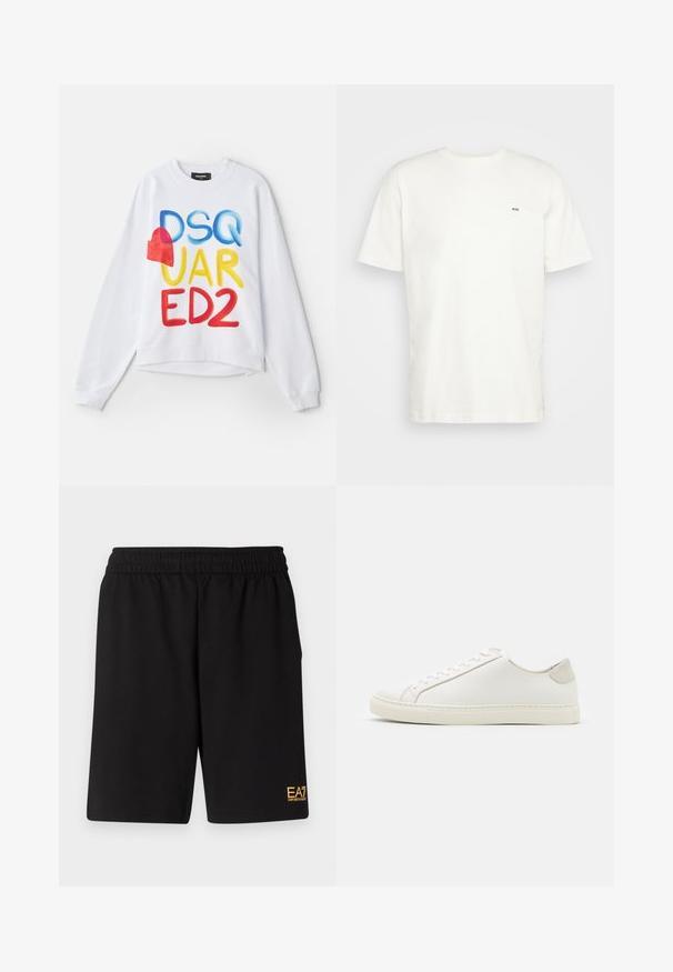 Weißer Pullover mit mehrfarbigem Schriftzug "DSQUARED2" und rotem Herzakzent. Weicher Stoff, lockere Passform, gerippte Bündchen und Saum.; Weißes Baumwoll-T-Shirt mit Rundhalsausschnitt, kurzen Ärmeln und kleinem schwarzen "W.W."-Logo auf der linken Brust. Glatte Textur, normale Passform.; Schwarze Sportshorts aus weichem Material, mit einem elastischen Bund und einem kleinen gelben EA7-Logo am unteren linken Bein.; Weiße Leder Sneakers mit glatter Oberfläche, runder Zehenform und minimalistischem Design. Mit beigen Akzenten an der Ferse und einer Gummisohle.