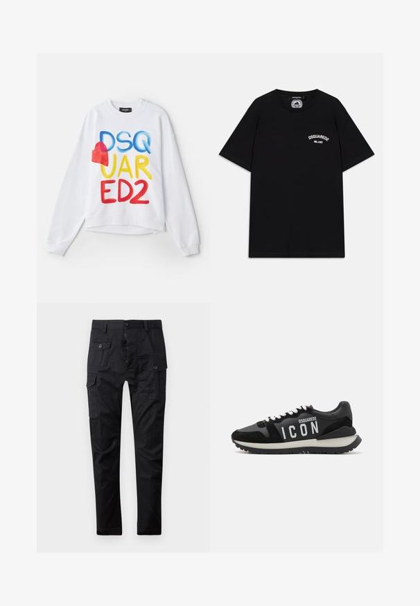 Sudadera blanca con el texto multicolor "DSQUARED2" y un acento de corazón rojo. Tejido suave, corte relajado, puños y dobladillo acanalados.; Camiseta de algodón negra con mangas cortas, que presenta el logo blanco "DSQUARED2 MILANO" en el pecho. Diseño de cuello redondo, textura suave.; Pantalones cargo negros hechos de tela duradera, con múltiples bolsillos, cierre de botón y un diseño de pierna recta. Textura suave y acabado mate.; Zapatillas negras de cuero y ante, con un logo blanco "ICON" y una suela negra contrastante. Los cordones son blancos; el diseño es deportivo.