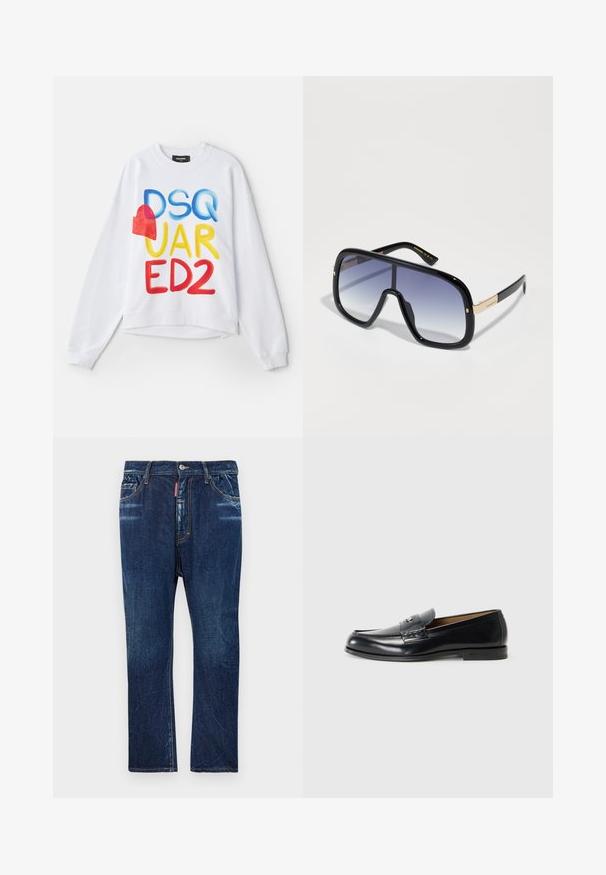 Vit sweatshirt med flerfärgad text "DSQUARED2" och en röd hjärtaccent. Mjuk tyg, avslappnad passform, ribbade muddar och nederkant.; Mörkblå denimjeans med rak passform, med ljus blekning, gula sömmar, framfickor och knappstängning.; Svarta läderloafers med en slät yta, rund tå, dekorativ sömnad och en liten metalldetalj framtill.; Överdimensionerade svarta solglasögon med gradient lila linser, blanka ytor och guldaccenter på bågarna. Rektangulär form.