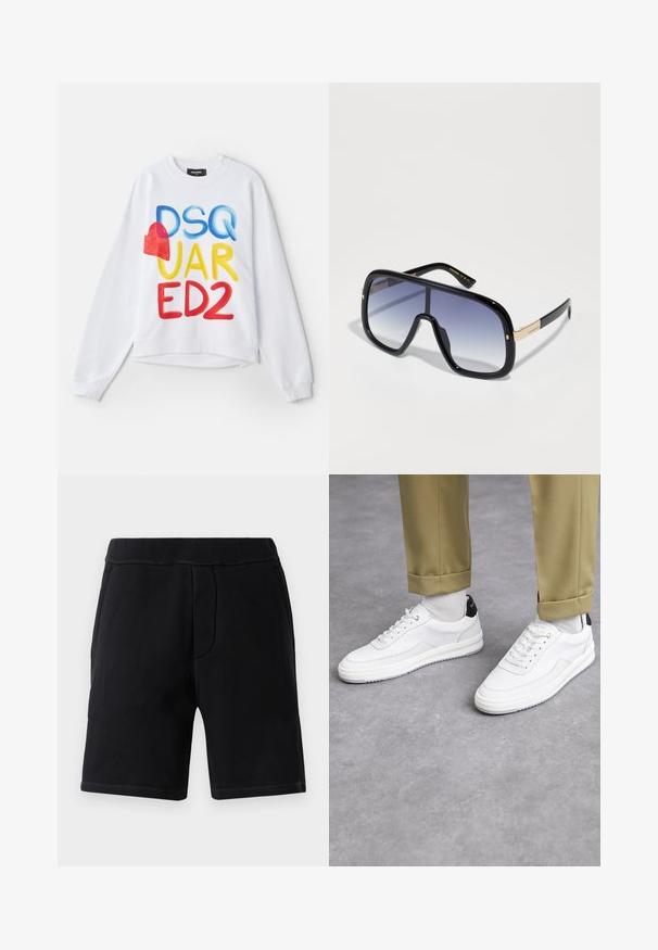 Felpa bianca con testo multicolore "DSQUARED2" e un cuore rosso. Tessuto morbido, vestibilità rilassata, polsini e orlo a coste.; Pantaloni sportivi neri realizzati in morbido materiale; presentano una vita elasticizzata, due tasche laterali e cuciture a contrasto.; Sneaker bianchi con finitura in pelle testurizzata, punta arrotondata e accentuazione nera sul tallone. Suola in gomma con piccolo motivo di battistrada e dettagli cuciti.; Occhiali da sole oversize neri con lenti viola sfumate, finitura lucida e dettagli dorati sulle tempie. Forma della montatura rettangolare.