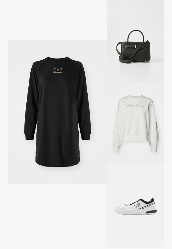 Armani Exchange FELPA - Felpa - journal; Abito nero a maniche lunghe con scollo tondo e materiale a maglia texturizzata. Presenta il logo "EA7 Emporio Armani" in oro sul petto.; Scarpe da ginnastica bianche con tomaia in pelle texturizzata, accenti neri e suola spessa e rigata. Logo stampato sul lato; asole per i lacci.; Borsa a mano in pelle nera con una finitura testurizzata, manici superiori e una lunga tracolla regolabile. Presenta un accentuazione in metallo dorato sulla parte anteriore.