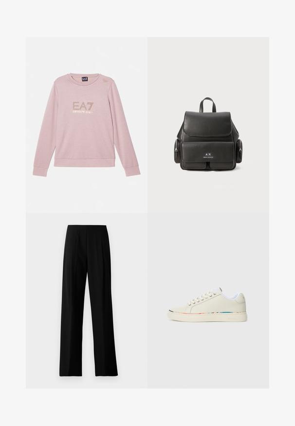 EA7 Emporio Armani Camisola - fawn; Calças largas pretas feitas de um tecido suave, com uma cintura plana e pregas frontais para um aspeto elegante. Sem hardware visível ou padrões.; Sapatilha de cano baixo em off-white com design de atacadores, forro interior branco e detalhes discretos em várias cores ao longo da borda da sola, vista lateral.; Mochila de couro preto com fecho com aba, bolso frontal, compartimentos laterais com fecho éclair e uma pega no topo. Apresenta detalhes do logotipo na parte da frente.