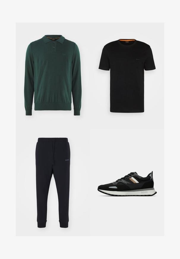 Vihreä pitkähihainen polo-sweateri, jossa on kaksipainikepuskuri, ribbaatut hihansuut ja helma, sekä hienovarainen logo rinnassa.; Mustat lyhyet hihaset t-paidat, jotka on valmistettu pehmeästä kankaasta. Paita on pyöreällä kaula-aukolla ja siinä on huomaamaton logo edessä. Kauluksen sisäpuolella on oranssi yksityiskohta.; Mustat verkkarit, jotka on valmistettu pehmeästä materiaalista, jossa on elastinen vyötärö, nyöri ja kapenevat lahkeet. Sivulla on pieni logo.; Musta juoksukenkä, jossa on tekstuuroitu pinta, vaaleanharmaita yksityiskohtia ja kolme vaaleanruskeaa vaakaraitaa. Kenkässä on valkoinen pehmustettu pohja.