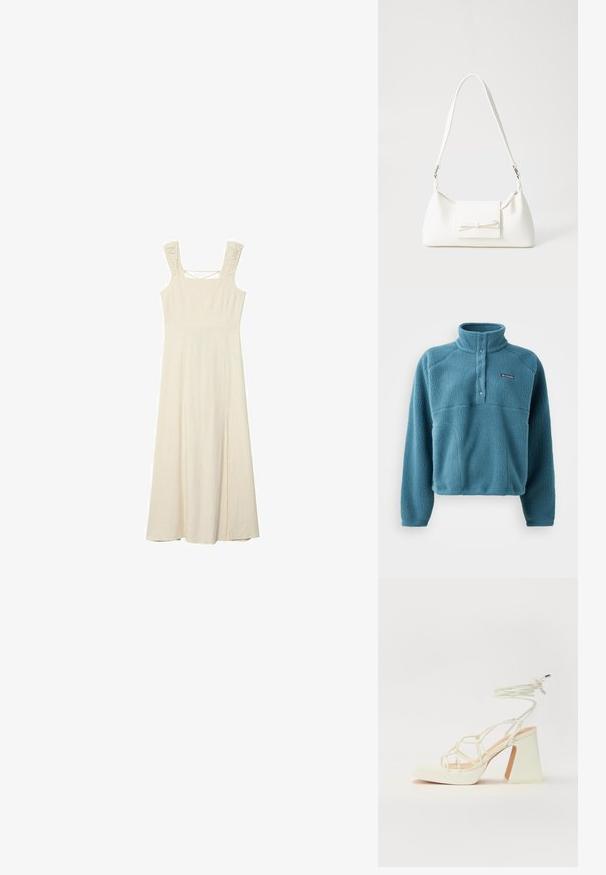 Tummansininen fleece-pullover korkean kauluksen, napitetun aukon ja tekstuurin viimeistelyn kanssa. Ominaisuuksiin kuuluu kohotettu rintasauma ja pieni logo-patch.; Maksimekko ilman hihoja, kermaisen värinen, tiukasti istuva vartalonmyötäinen yläosa, teksturoidut olkaimet ja sivusauma liikkumisen helpottamiseksi. Pehmeä, kevyt kangas.; Valkoinen korkokenkä, jossa on paksu korko, ja joka sisältää nauhakiinnityksen ja nilkkaketjun. Sujuva pinta, jossa on platform-etupohja lisäkorkeutta varten.; Valkoinen synteettinen käsilaukku, jossa on kolmikulmainen muoto, tasainen etu läppä ja nauhadetail, säädettävä olkahihna, sileä rakenne ja minimalinen muotoilu.