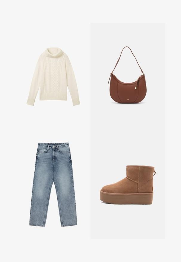 TOM TAILOR MIT ROLLKRAGEN UND STRUKTUR - Pulover - beige; Jeans din denim de culoare albastru deschis, cu croială dreaptă, cusături vizibile, design cu cinci buzunare și închidere cu nasture la talie.; Botine din suede de culoare bej, cu talpă platformă, vârf rotund și detalii de cusătură; dispune de un mânere la spate pentru a fi ușor de încălțat.; Geantă de umăr din piele ecologică maro, cu o formă curbată, cusături minime și un accent din metal auriu. Are un închidere cu fermoar în partea de sus și o curea ajustabilă.