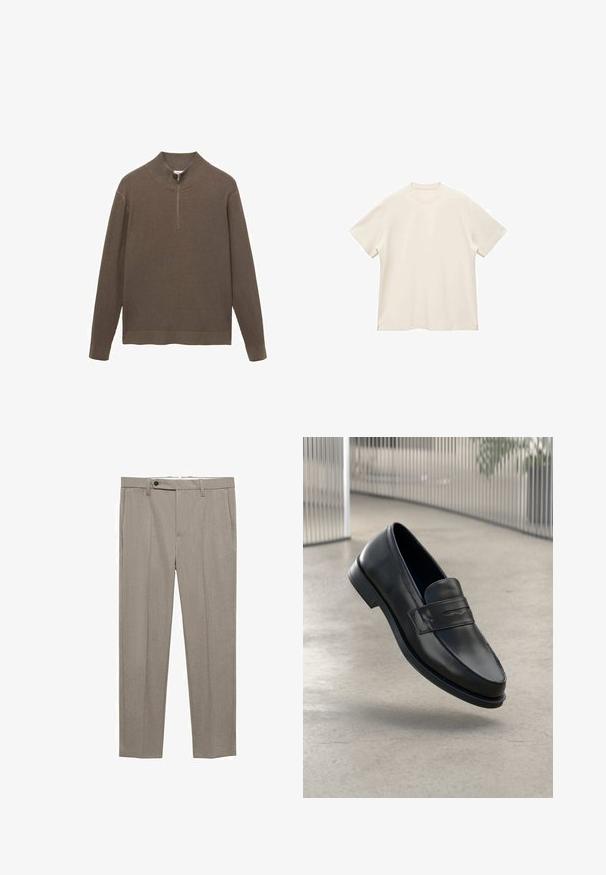 Bruine geribde trui met een hoge hals en een korte rits. Lange mouwen en een rechte snit aan de onderkant. Zachte textuur, minimalistisch ontwerp.; Korte mouwen, ronde hals t-shirt van zacht, off-white stof, met een gladde textuur en zijsplitten voor een ontspannen pasvorm.; Beige op maat gemaakte broeken met een gladde textuur, rechte pasvorm en een enkele sluiting met knoop aan de voorkant. Voorzien van zijzakken en een nette zoom.; Zwarte leren loafer met een gladde textuur, spitse neus en een decoratieve band over de wreef. Lichtgewicht zool, minimalistisch ontwerp.