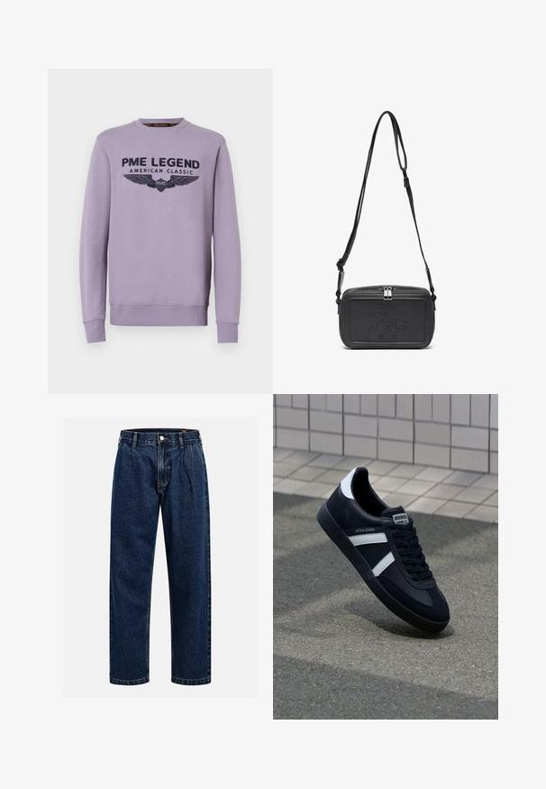 Fialová mikina s okrúhlym výstrihom vyrobená z mäkkej textílie, s predným čiernym potlačou "PME LEGEND AMERICAN CLASSIC" a grafikou krídiel.; Tmavo modré džínsy s rovnými nohavicami. Obsahujú viditeľné švy, zapínanie na gombík a predné skladanie pre zvýraznenie detailov.; Čierne kožené tenisky s bielymi pruhmi, textúrovanou gumovou podrážkou a šnurovaním vpredu. Obsahujú označenie značky na jazyku.; Čierna kožená crossbody taška so zipsom, s embosovaným logom na prednej strane a nastaviteľným popruhom. Hladká textura a obdlžníkový tvar.