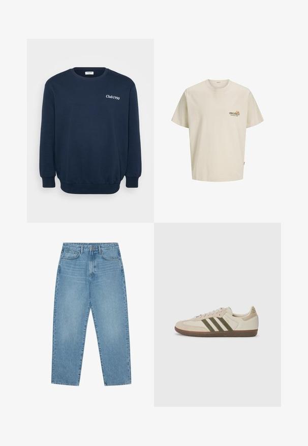 Sweatshirt bleu marine à manches longues, col rond et poignets côtelés. Présente le logo "Club1990" en broderie blanche sur la poitrine.; T-shirt en coton beige clair à manches courtes, col rond, avec un logo imprimé qui indique "ORIGINALS ÉTABLI EN 1900" sur la poitrine.; Jean large en denim bleu clair avec taille haute, dotés de cinq poches, passants de ceinture et d'une texture douce légèrement délavée.; adidas Originals SAMBA OG UNISEX - Baskets basses - alumina/medium dark khaki/gum