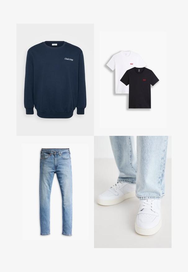 Jūras pirmie zils sporta krekls ar garām piedurknēm, apaļu kakla izgriezumu un ribotām aprocēm. Uz krūšu ir balta izšūta "Club1990" logo.; Divi īsās piedurkņu t-krekli: viens balts un viens melns. Abus izgatavoti no kokvilnas ar sarkano Levi's logo uz krūšu. Vienkārša apaļa kakla dizaina.; Gai zilgani džinsi ar taisnu piegriezumu, piecām kabatām, pogu aizdari un vieglu izbalējumu pa audumu.; Biezi balti ādas apavi līdz potītei ar perforētu purngalu, plakaniem šņorēm un minimālistisku dizainu. Saskaņoti ar gaiši ziliem džinsiem.
