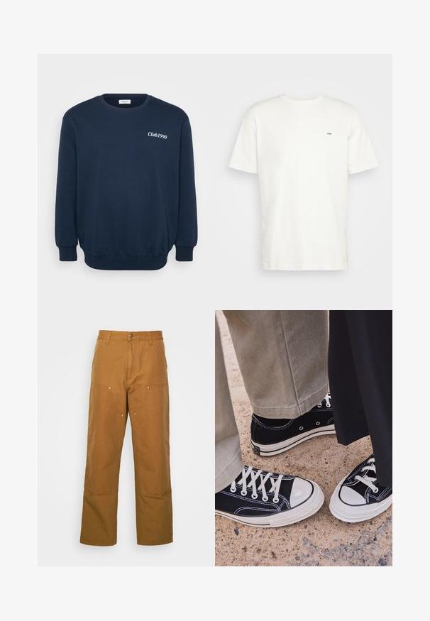 Felpa blu navy con maniche lunghe, collo rotondo e polsini a costine. Presenta il logo "Club1990" ricamato in bianco sul petto.; T-shirt bianca in cotone con scollatura rotonda, maniche corte e un piccolo logo nero "W.W." sul lato sinistro del petto. Tessuto liscio, vestibilità regolare.; Pantaloni utility in cotone marrone con design a gamba dritta, dotati di tasche anteriori e dettagli in metallo per una maggiore durata.; Sneakers neri in tela con punte e lacci bianchi in gomma. Le cuciture a contrasto e i fori in metallo aggiungono dettagli. Indossati con pantaloni beige e un tessuto nero.