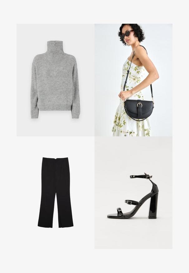 Pull en tricot gris avec col montant et détail de fermeture éclair. Motif texturé, bords-côtes aux poignets et à l'ourlet. Design minimaliste, coupe décontractée.; Pantalon noir avec une coupe droite, doté de poches avant et d'éclairs sur l'ourlet. Fabriqué en tissu doux et lisse. Convient à diverses occasions.; Sandales à talons vernies noires avec un bout carré, des sangles autour de la cheville et des boucles en argent. Dotées d'un talon bloc épais pour plus de stabilité.; Sac à main en cuir noir avec une forme courbée, bandoulière amovible et des accessoires en or. Le sac est doté d'un rabat avec un détail de boucle.