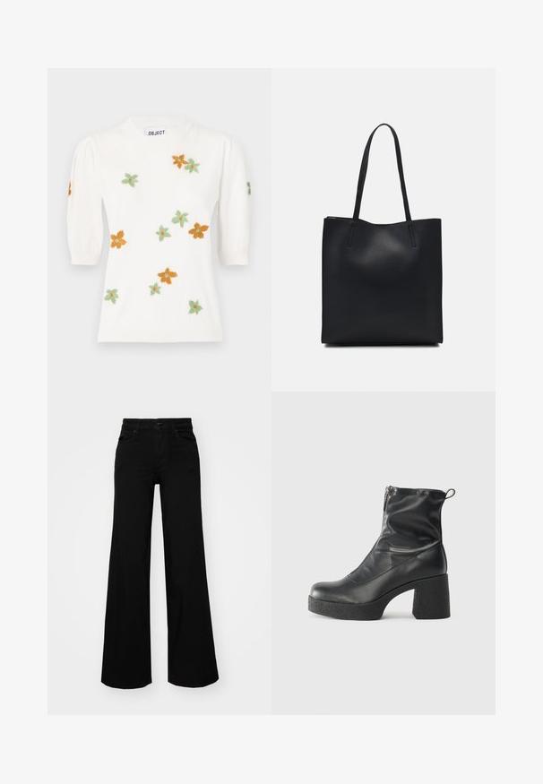 Vitt pullovertröja med korta puffärmar, prydd med blommig brodyr i orange, grönt och gult. Klassisk rund halsringning och ribbad nederkant.; Svarta vida byxor i denim, med en strukturerad midja, bältesöglor och framfickor. Slät textur med en klassisk design.; Svarta ankelstövlar i slitstark läder, med sidodragkedja, kraftig strukturerad klack och rundad tådesign.; Svart lädertoffelväska med slät textur, rektangulär form och två långa handtag. Ingen synlig hårdvara eller dekorationer.