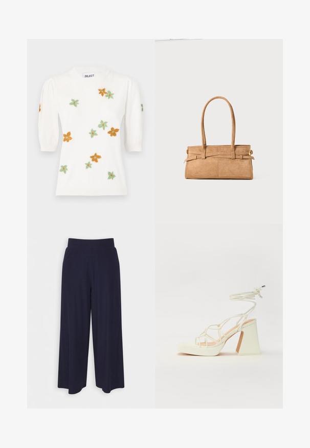 Biely sveter s krátkymi volánovými rukávmi, ktorý má kvetinovú výšivku v oranžovej, zelenej a žltej farbe. Klasický okrúhly výstrih a rebrovaný lem.; Široké nohavice z tmavomodrej látky s ribbovanou textúrou. Obsahujú hladký pás a voľný siluetu, s dĺžkou po stred lýtok.; Biele sandále na vysokom opätku s hrubým podpätkom, s pruhovaným dizajnom a viazaním na členku. Hladký povrch s platformou vpredu pre zvýšenú výšku.; Svetlohnedá semišová kabelka s dvoma dlhými rúčkami, obdĺžnikovým tvarom a dekoratívnym prešívaním. Obsahuje bočný popruh a jemné zlaté kovové doplnky.