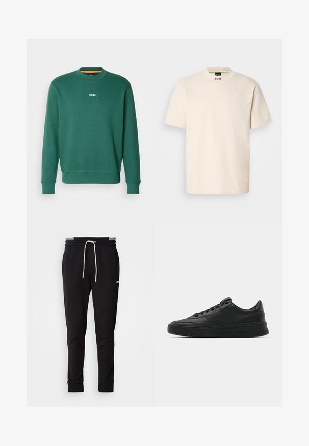 Felpa verde in misto cotone, con colletto a girocollo, polsini a coste e un piccolo logo bianco "BOSS" stampato sul petto.; Maglietta a maniche corte color crema con colletto alto, con la scritta "BOSS" stampata in nero sulla parte anteriore del collo e sull'etichetta interna.; Pantaloni jogger slim-fit neri con cordoncino bianco, polsini a coste e logo discreto sulla coscia contro uno sfondo uniforme.; Sneaker nera con tomaia in pelle liscia, punta rotonda, lacci piatti, collare imbottito e design minimalista. Suola in gomma con un delicato motivo a rilievo.