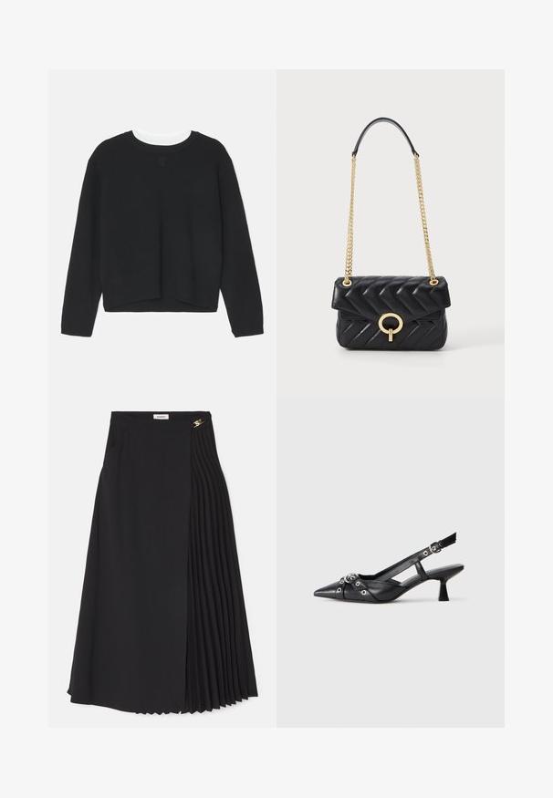 Pull noir à manches longues, col rond et ourlet légèrement court. Fabriqué en tissu doux, avec un détail de logo subtil sur le devant.; Jupe midi noire avec un design plissé sur un côté, fabriquée en tissu léger, dotée d'une fermeture éclair cachée et de poches latérales.; Chaussure slingback en cuir noir avec un bout pointu, des sangles décoratives avec œillets en métal et un petit talon carré. Surface texturée.; Sac à main en cuir matelassé noir avec une bandoulière en chaîne dorée, présentant un fermoir à rabat en or arrondi. Forme rectangulaire compacte.
