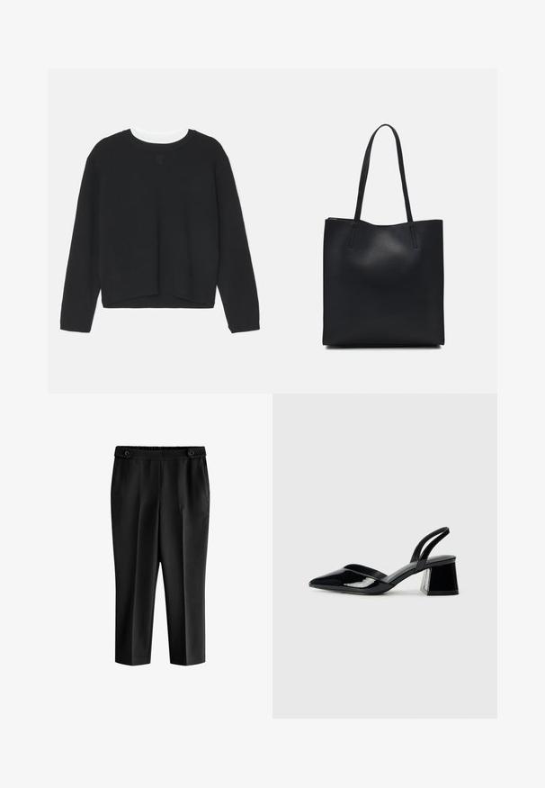 Crna dukserica dugih rukava, okruglog vrata i blago skraćenog donjeg rubа. Izrađena od mekanog materijala, s diskretnim logotipom na prednjoj strani.; Crne skraćene hlače s opuštenim krojem, elastičnom waistbandom i dva prednja džepa. Tkanina ima glatku teksturu sa blago sjajnim završetkom.; Crne lakirane kožne sandale s otvorenom petom i špicastim vrhom, s geometrijskom blok petom. Imaju elegantan, minimalistički dizajn i glatku teksturu.; Crna kožna torba za nošenje s glatkom teksturom, pravokutnim oblikom i dvije duge ručke. Nema vidljivih metalnih dijelova ili ukrasa.