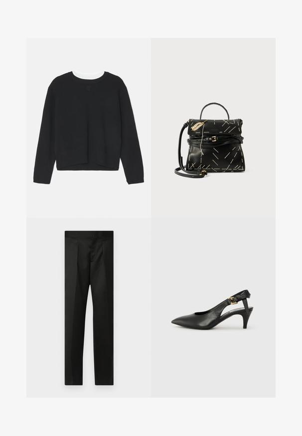 Pull noir à manches longues, col rond et ourlet légèrement court. Fabriqué en tissu doux, avec un détail de logo subtil sur le devant.; Pantalon noir en tissu lisse, au design ajusté, jambes droites et ceinture plate sans fermetures ni poches visibles.; Chaussure à talon slingback en cuir noir avec un bout pointu, un petit talon et un détail de boucle sur la bride de cheville. Texture lisse, design minimaliste.; Sac à main en cuir noir avec des coutures géométriques blanches, une poignée supérieure et une bandoulière amovible. Présente des accents dorés et une fermeture éclair.