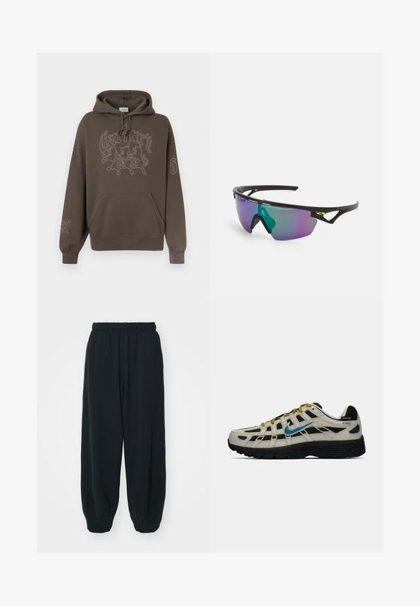 Brun hettegenser med kengurulomme, brodert grafisk design på fronten og høyre erme, og snorer ved halsen.; Sorte, joggebukser med elastisk liv, løs passform, mansjetter på ankler, glatt tekstur og uten synlige mønstre eller hardware-detaljer.; Beige og svart Nike P-6000 sneakers med blå swoosh, gule lisser, svart såle og Cordura-stoffetikett på hælen.; Sports solbriller med en svart ramme, store gradientlinser i lilla og grønne nyanser, samt vinklede designaksenter med logo-detalj.