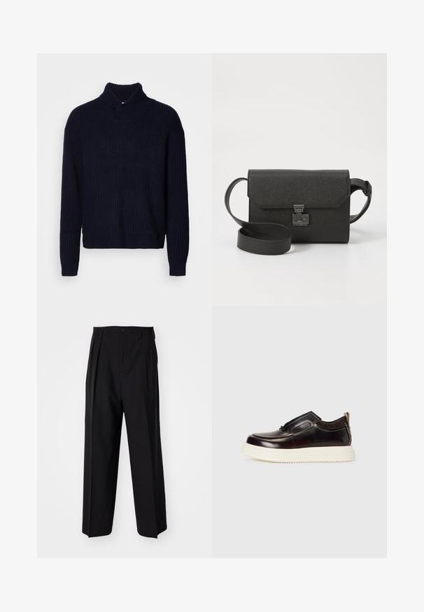 Filippa K SHAWL COLLAR - Jumper - navy; Black pleated trousers with a straight, wide-leg design. Made from smooth fabric, featuring a button closure and belt loops.; Brown leather slip-on shoe with a rounded toe, contrasting white platform sole, and minimal stitching detail along the edges.; Black leather crossbody bag with a textured finish, flap closure, metal hardware, and a matching adjustable strap.