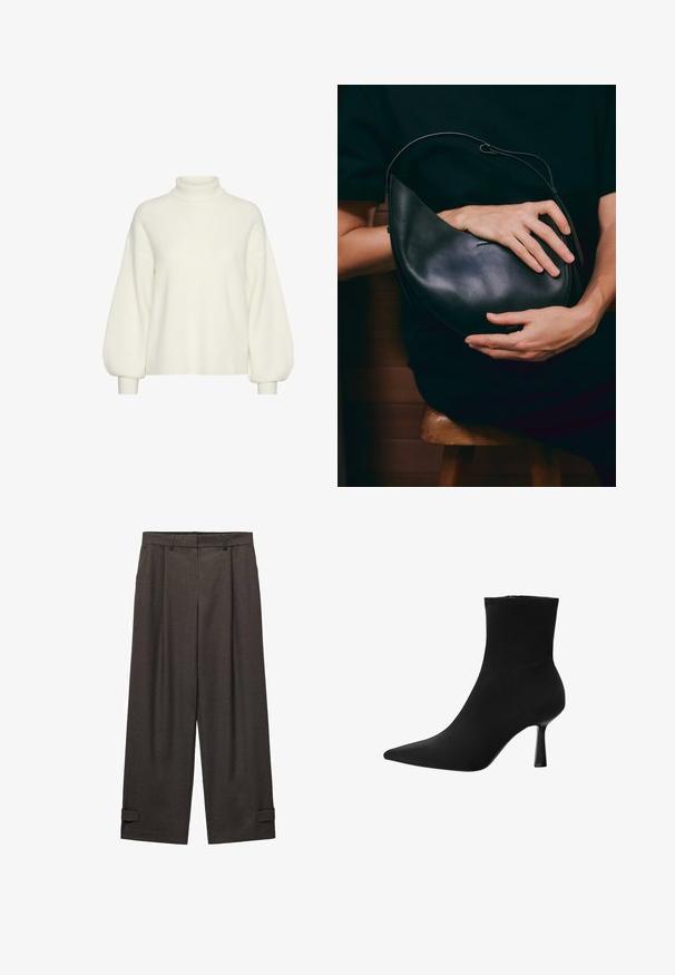 Maglione bianco a collo alto lavorato a maglia con maniche lunghe e voluminose e una vestibilità comoda. Motivo testurizzato su tutta la superficie con polsini aderenti.; Maglione a collo alto bianco a maniche lunghe, realizzato in tessuto morbido. Design aderente con cuciture minime, dotato di un collo alto e di un orlo dritto.; Pantaloni larghi color marrone scuro con pince sulla parte anteriore, passanti per cintura in vita e orli a risvolto, realizzati in un tessuto liscio.; Stivale alla caviglia nero realizzato in tessuto liscio, con punta appuntita e tacco a stiletto sottile, dal design senza soluzione di continuità e senza hardware visibile.; Borsa a tracolla in pelle nera con una forma a mezzaluna unica. Caratterizzata da un design minimalista, una texture liscia e un logo discreto. Cinghia regolabile.